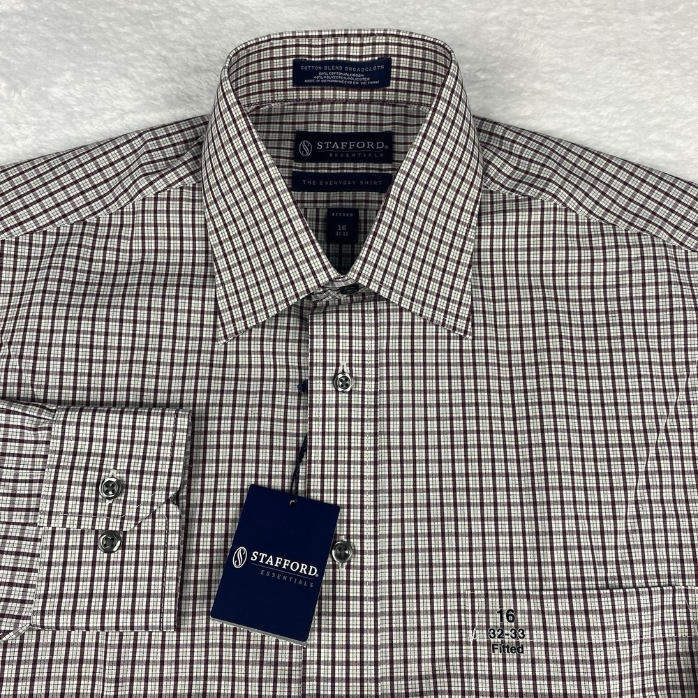 Stafford Dress Shirt Mens 16-32/33 Burgundy Grid Fitted NWT!